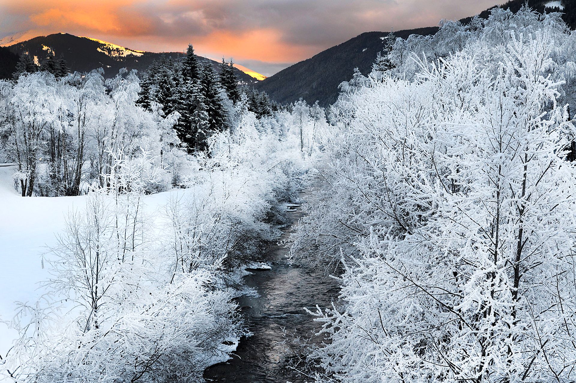 Winter river at sunset